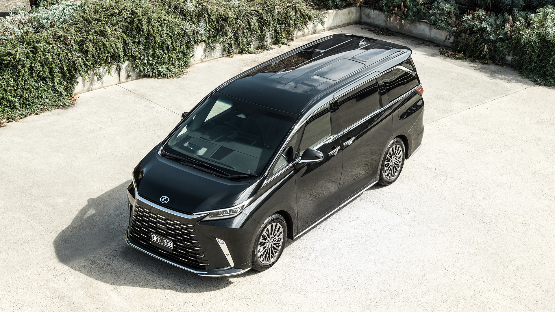 Aerial shot of the Lexus LM mover in black