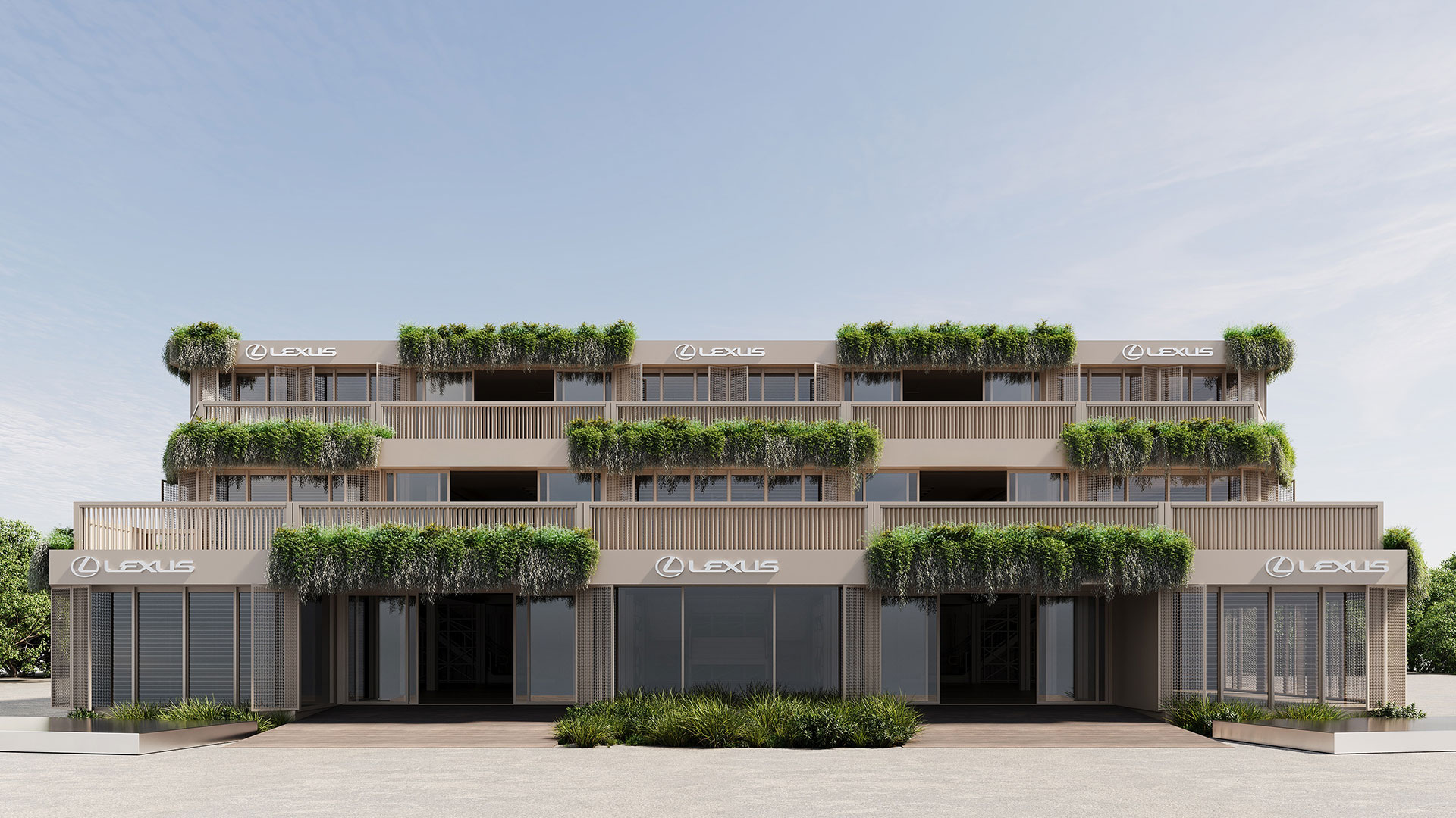 Three-level LANDMARK by Lexus pavilion with tiered balconies, timber detailing and lush greenery across each level