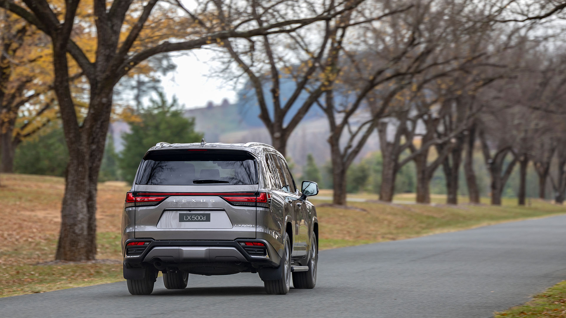 A grey 2025 Lexus LX 500d Luxury driving along a tree-lined country road 