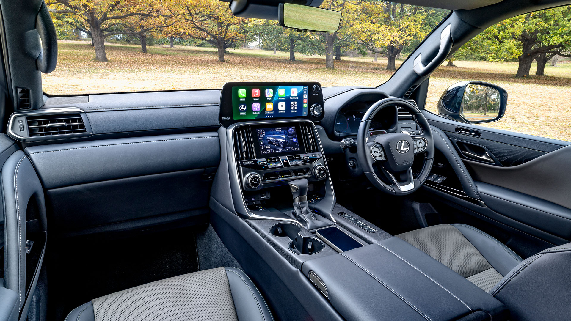 The Lexus LX 500d Overtrail cabin with dashboard, steering wheel and front seats